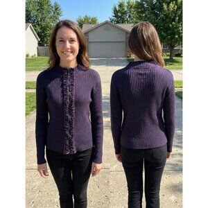 Coldwater Creek Petite XL Purple Ribbed Knit Zip Front Cardigan Ruffle Sweater